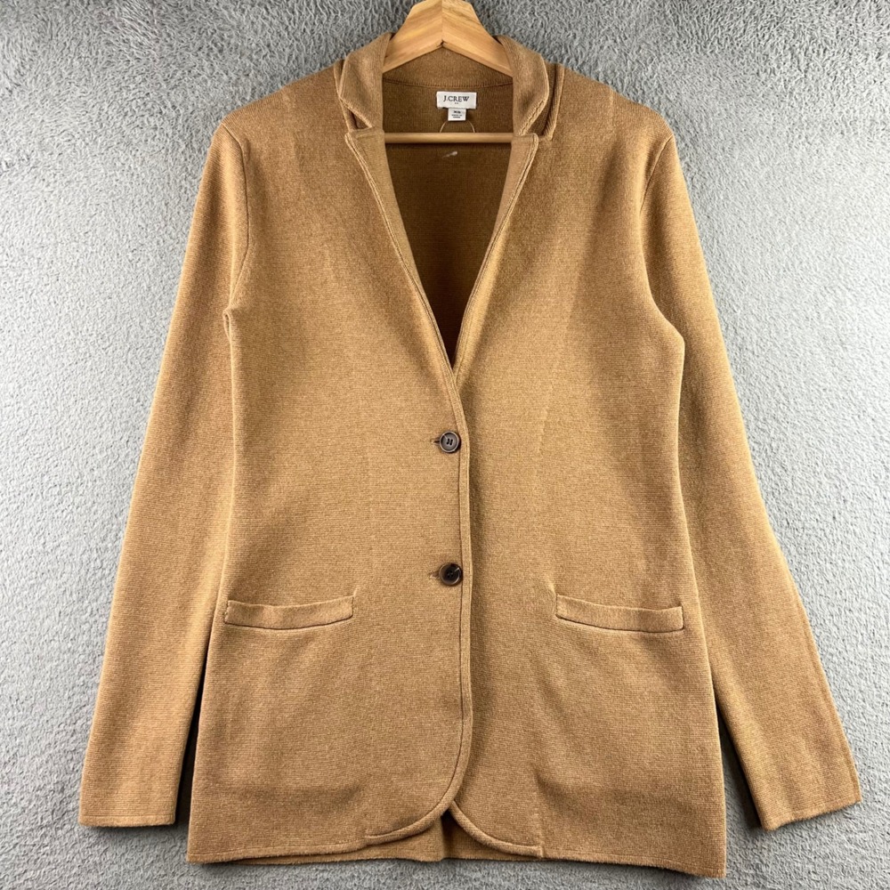 J.Crew Re-Imagined Women XS Camel Tan Cotton Knit Blazer Sweater Jacket 2 Button